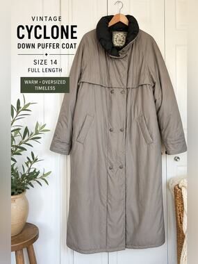 Vintage Cyclone Long Down Puffer Coat Sz 14 Taupe Gray Winter Jacket Full Length
